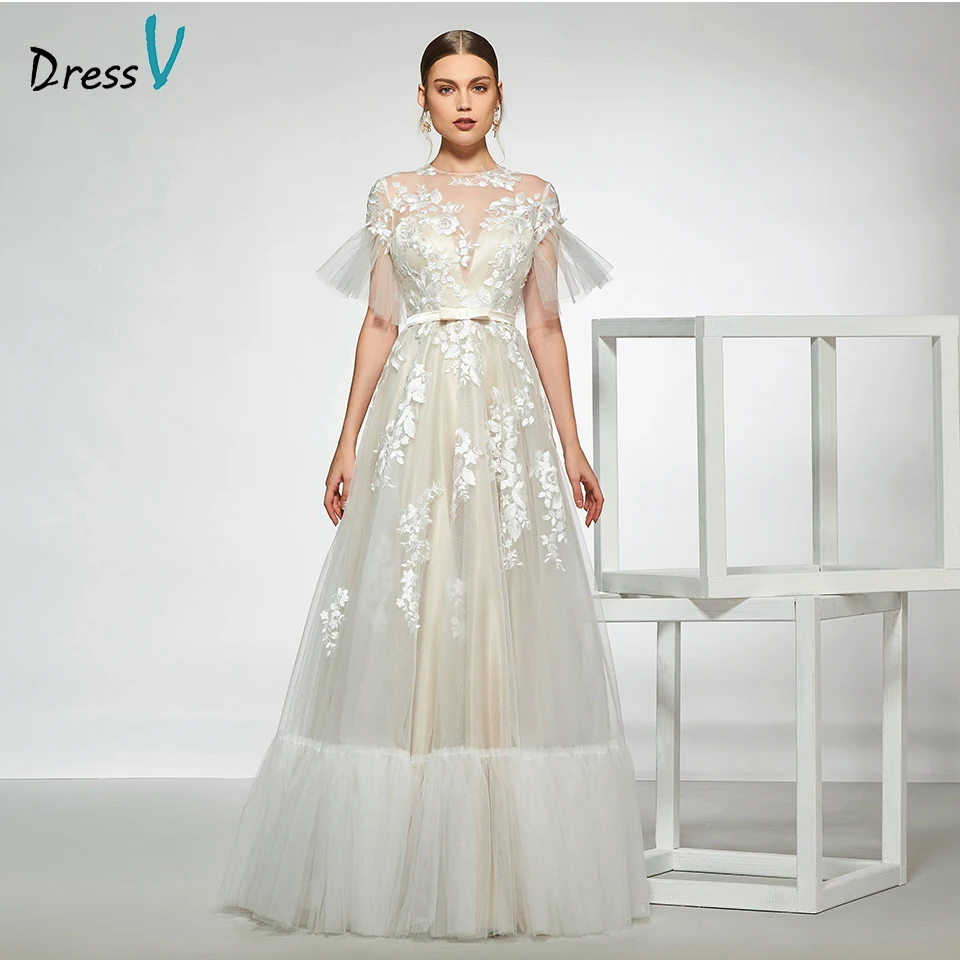 

Dressv elegant scoop neck short sleeves appliques wedding dress a line button floor length simple bridal gowns wedding dress