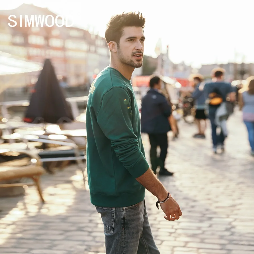 SIMWOOD Новый повседневные толстовки для мужчин письмо вышитые 100% хлопок модные
