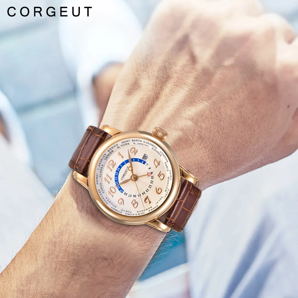 43 мм Corgeut Роскошные брендовые механические часы с кожаным верхом и двумя часовыми