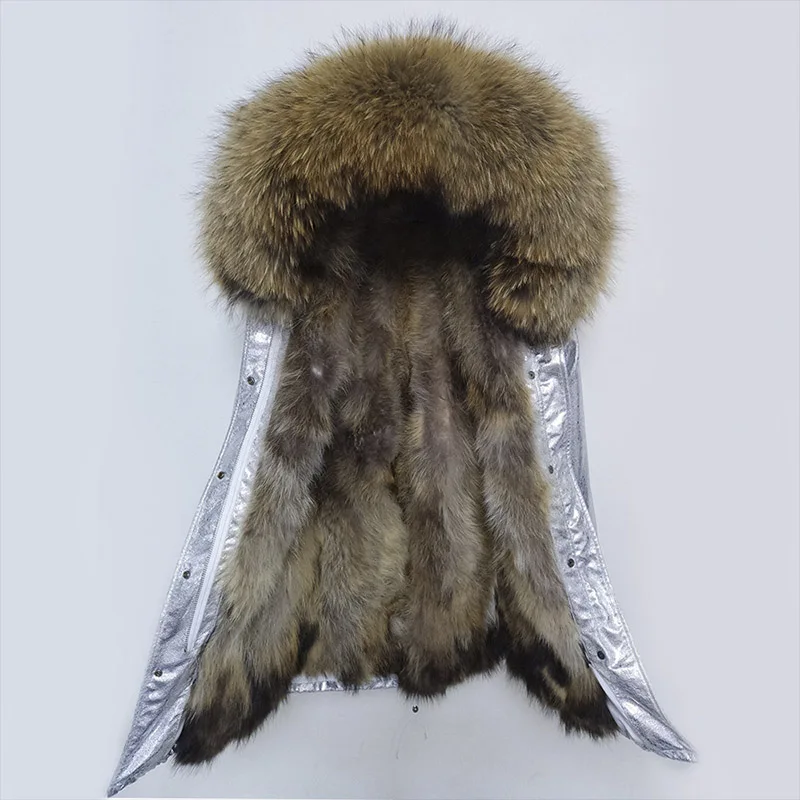 

2022 New Fashion Women Winter Silver Coat Large Raccoon Fur Collar Parkas Silver Real Fox Fur Lining Outwear Jacket