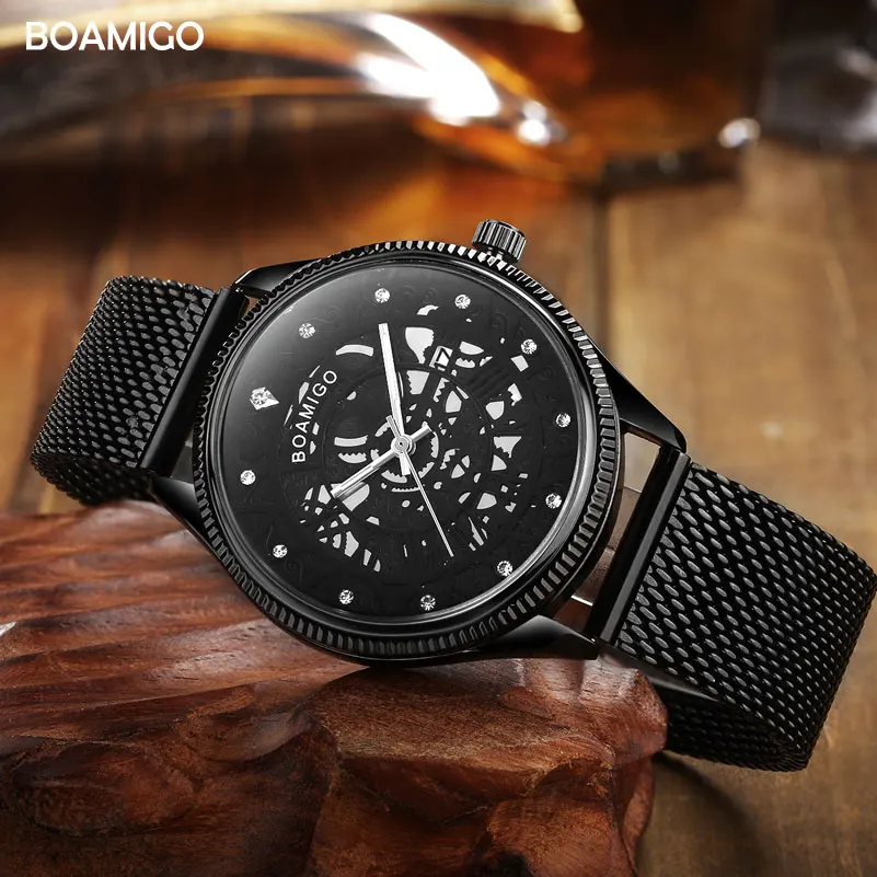 Фото BOAMIGO брендовые сетчатые Стальные наручные часы мужские черные кварцевые модные