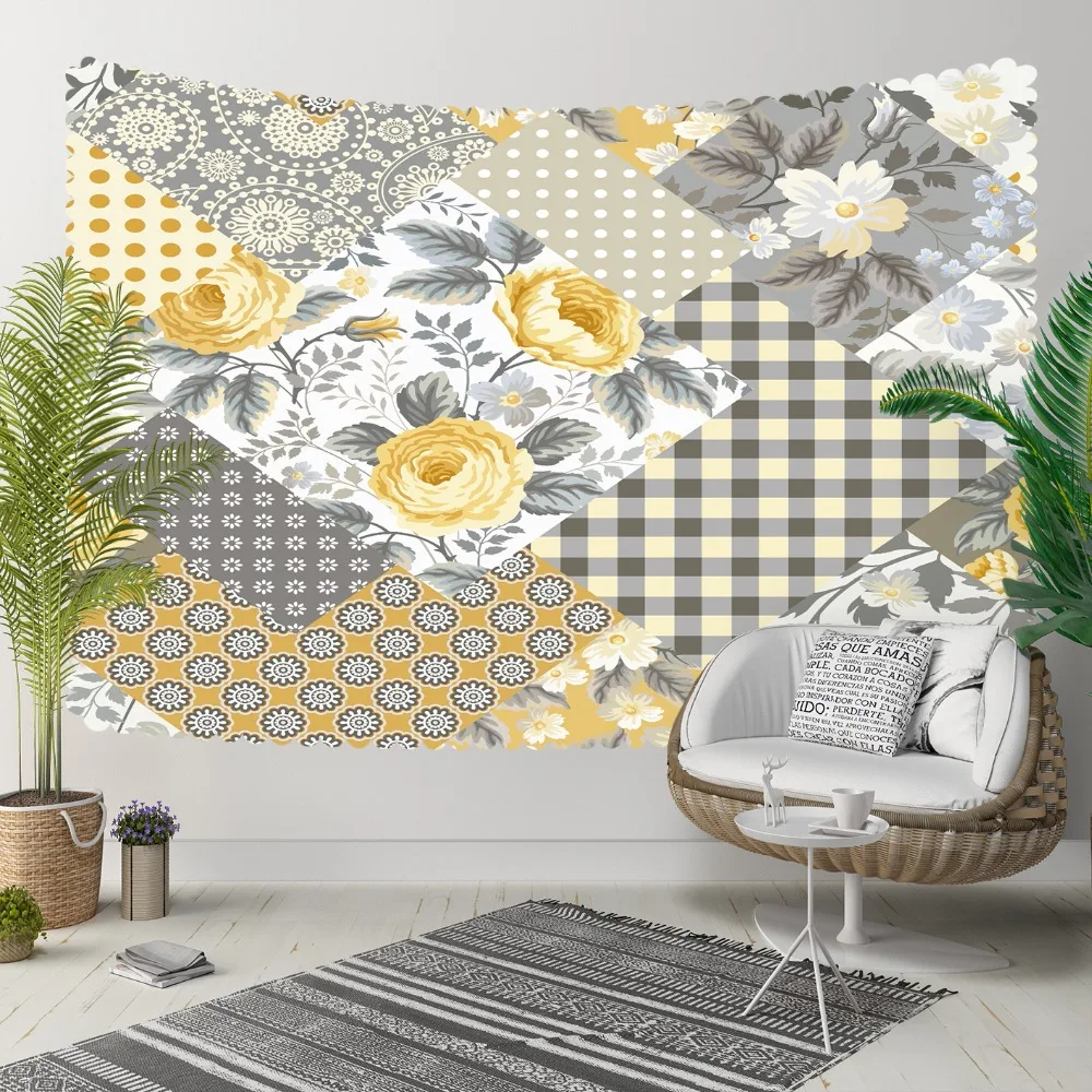 

Else Gray White Geometric Patchwork Yellow Roses 3D Print Decorative Hippi Bohemian Wall Hanging Landscape Tapestry Wall Art