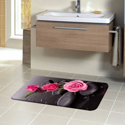 

Else Pink Roses on Black Spa Stones Flowers Floral 3d Pattern Print Bath Mat Anti Slip Soft Washable Bathroom Mat Toilet Rugs