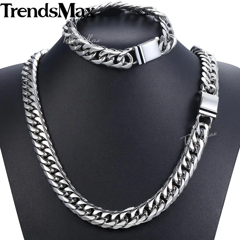 Trendsmax, хип-хоп, Iced Out, проложенные Стразы, кубинская цепочка, мужское ожерелье, браслет из нержавеющей стали 316L, золото, серебро, 16 мм, KHSM04 - Окраска металла: HS61