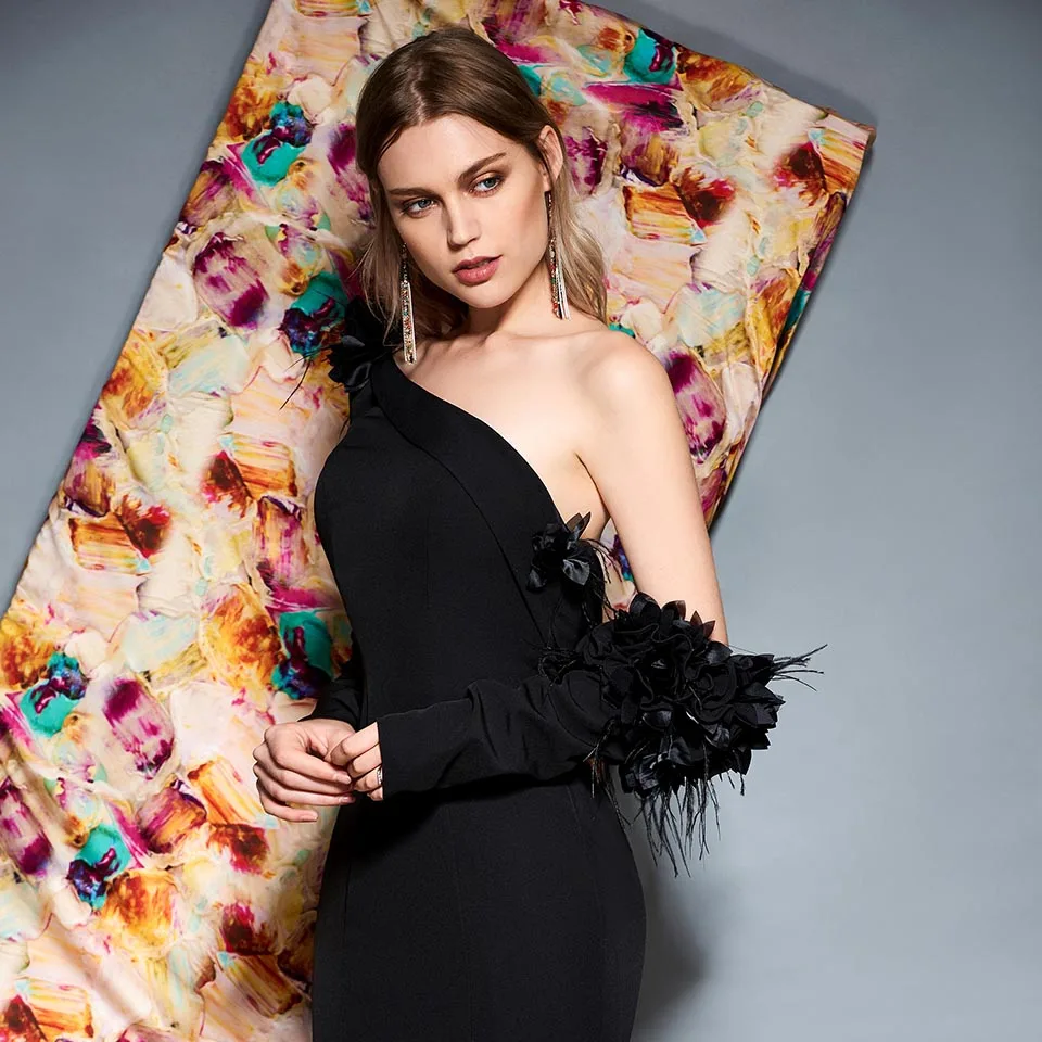 

Dressv black one shoulder long sleeves evening dress floor length flower mermaid wedding party formal dress evening dresses