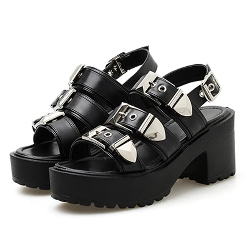 black shoes Gdgydh/Модная обувь с пряжкой в готическом стиле; Летние босоножки на платформе с квадратным каблуком и резиновой подошвой высокого качества; Женская обувь в гладиаторском стиле - Цвет: black shoes