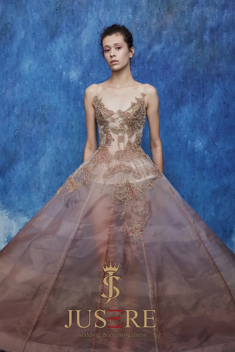 JUSERE FASHION SHOW Champagne Long Evening Dress Beaded Sleeveless See Through Floor Length Party Gown robe de soiree