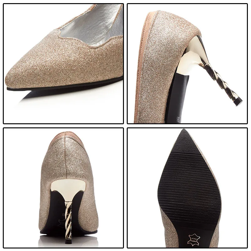 Золото slip on Женская обувь bling 2018 с острым закрытым носком Обувь на высоком каблуке
