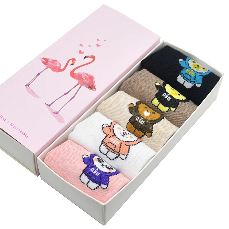 5 пар/уп. милый мультфильм животных Для женщин носки хлопок медведь Kawaii Harajuku