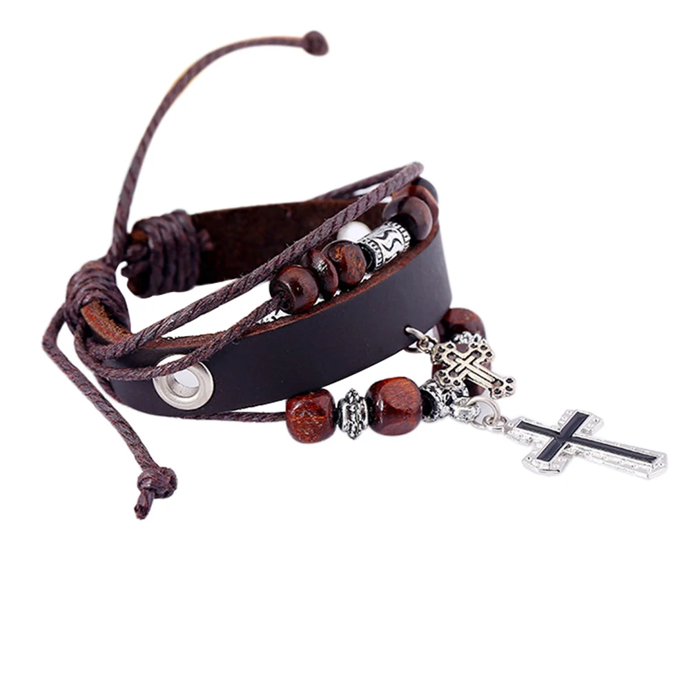 Vintage The Cross Pendant Multilayer Beads Faux Leather Braid Bracelet Bangle | Украшения и аксессуары
