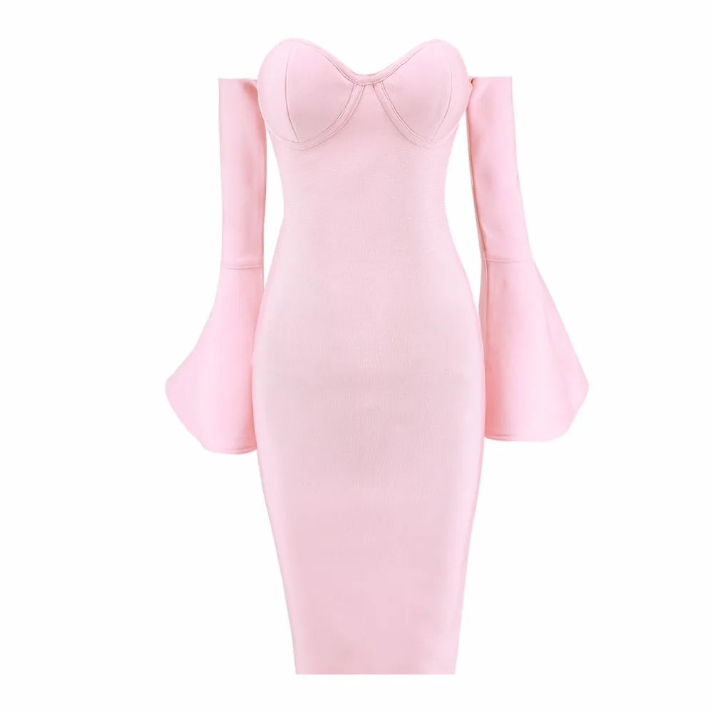 2018 Горячие Sexy С Плеча Flare Длинные Рукава Bodycon Партия Знаменитости Розовый Дамы