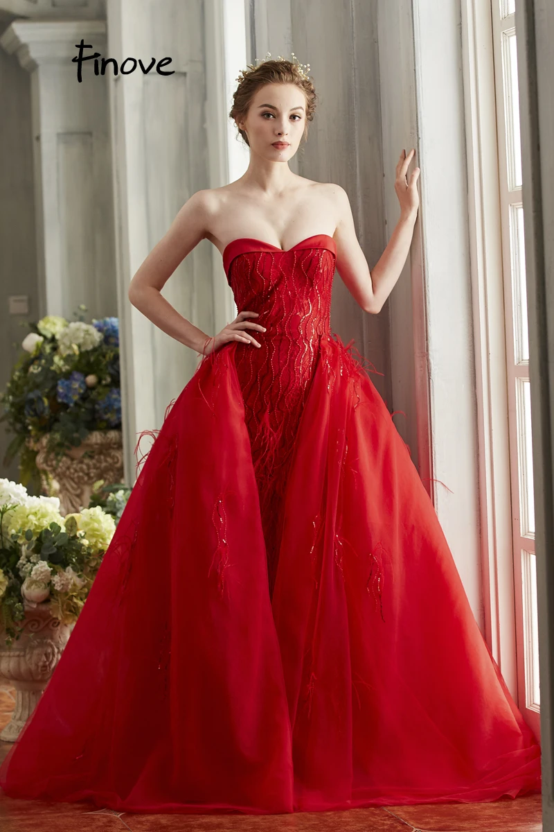 Finove New Elegant Red Prom Dress Sexy Strapless With Feathers Sequins Floor-Length Long A Line Formal Women's Dresses