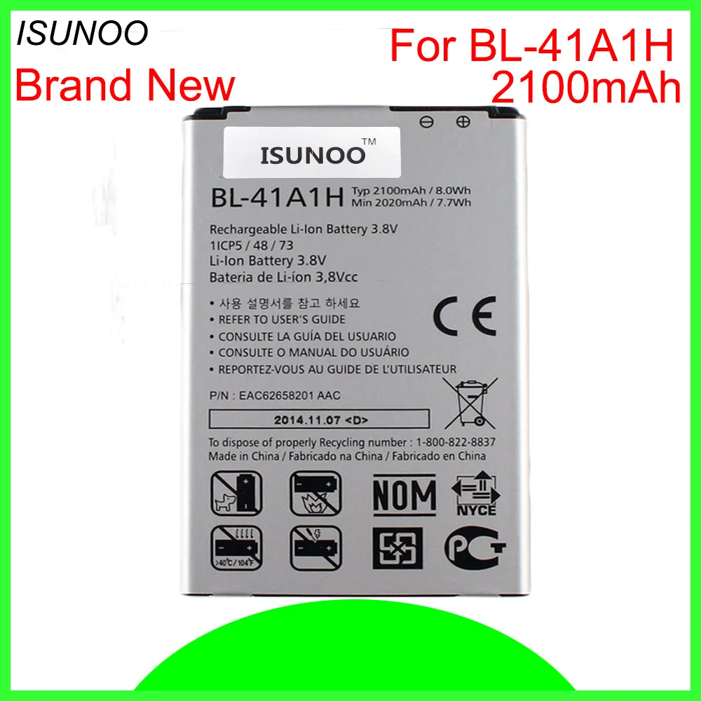 

ISUNOO 5 шт./лот 2100 мАч BL-41A1H Аккумулятор для LG LS660 LS660P F60 D390N EAC62638301 аккумулятор