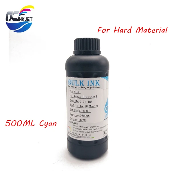 Cyan(hard) Ocinkjet 500 мл светящиеся в ультрафиолетовом свете чернила для Epson 1390 1400 1410 1430 1500 W UV планшетный принтер для DX4 DX5 DX6 DX7 окружающей среде, печатные головки подходят для мягких и твердых - Цвет: Cyan(hard)