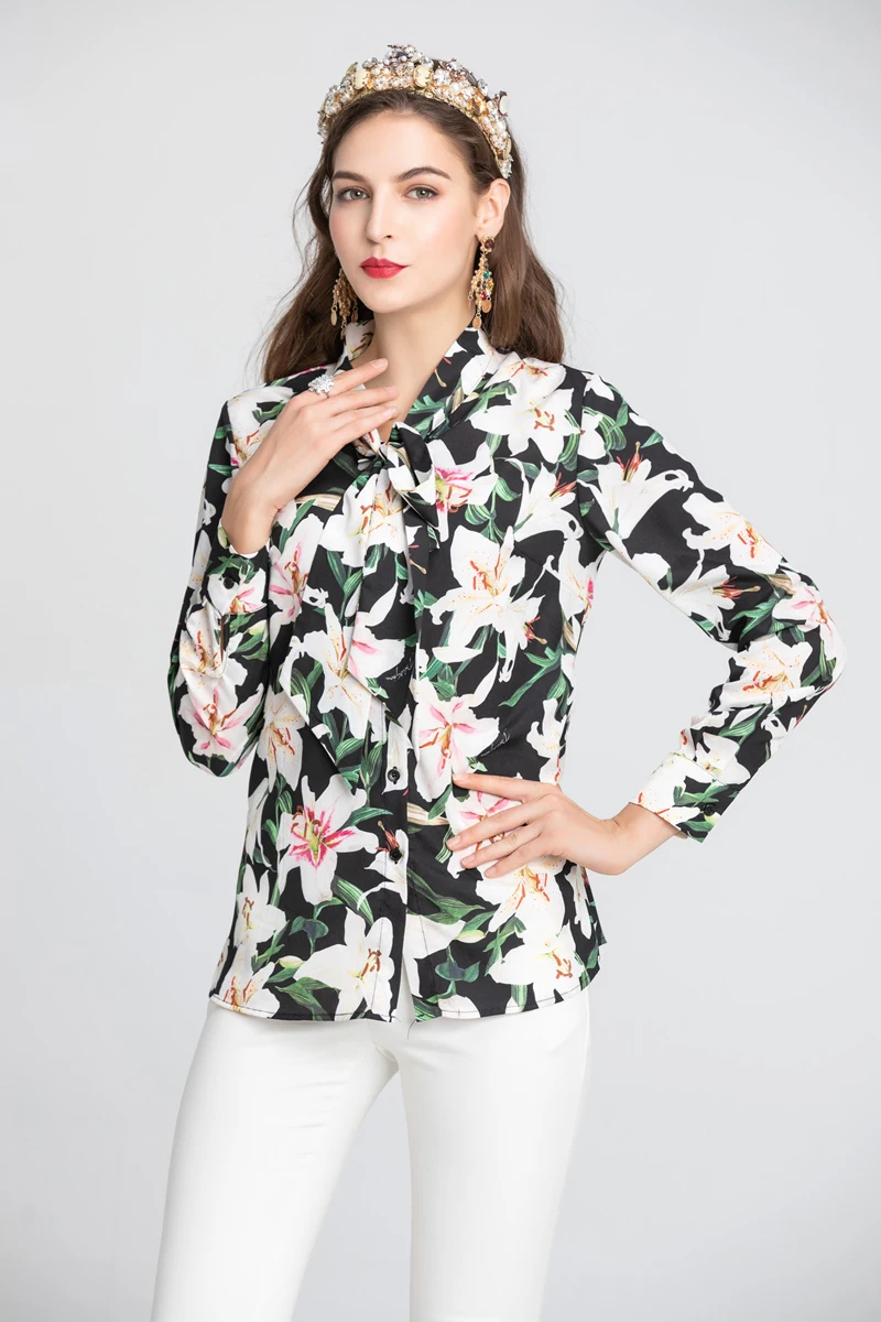 Lady Milan Women's Runway Designer Shirts Bow Collar Long Sleeves Floral Printed Fashion Casual | Женская одежда