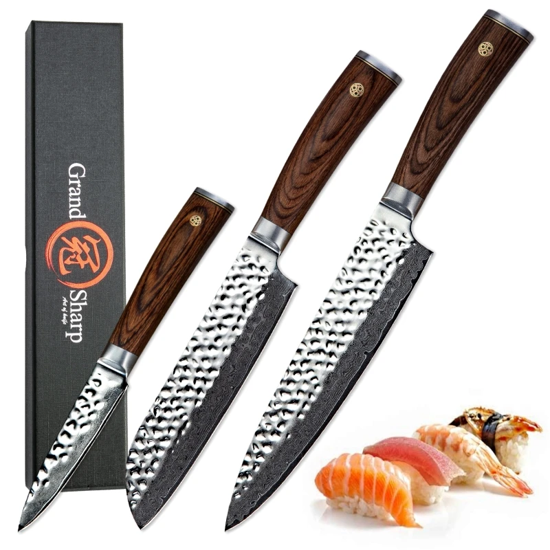 Кухня Ножи комплект одежды из 3 предметов шеф-повара нож Santoku кухонные ножи для удаления кожуры vg10 Дамаск японский нож упаковщиком профессионального ножей шеф-повара подарочная коробка