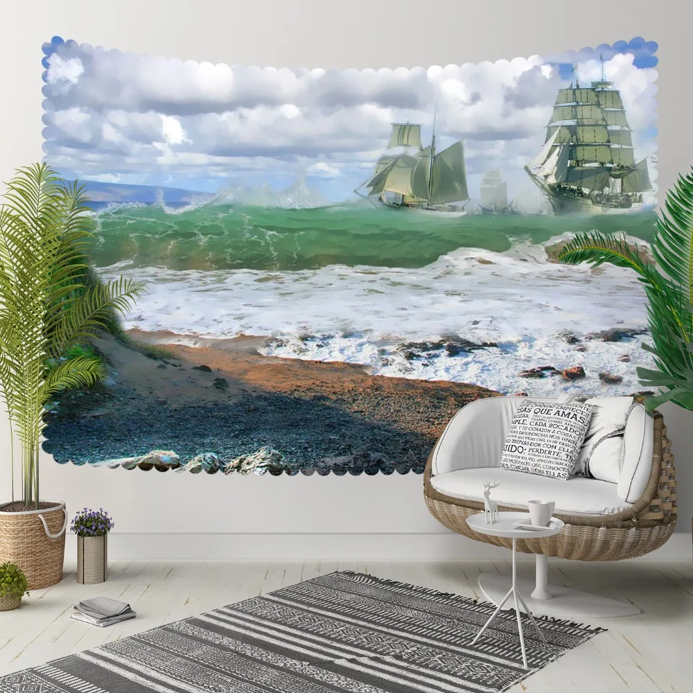 

Else Tropical Green Sea White Waves Ships Blue Sky 3D Print Decorative Hippi Bohemian Wall Hanging Landscape Tapestry Wall Art