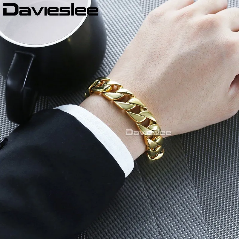 Davieslee 15 мм Для мужчин браслет 316L Нержавеющая сталь браслет для Для мужчин цвета: золотистый, серебристый Снаряженная Кубинский звено цепи DLHB123 - Окраска металла: Gold