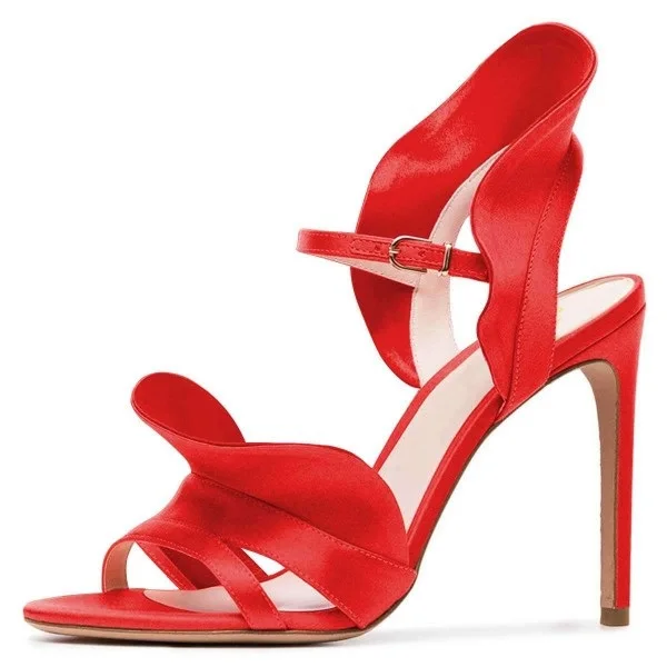 

2019 Summer New Design Women High Heels Sandals Gladiator Women Coral Red Satin Slingback Heels Sandals