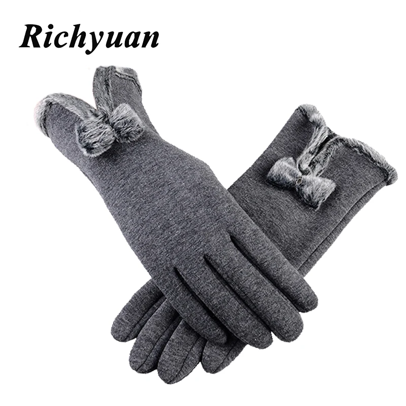 

Fashion Winter Gloves Elegant Female Touch Screen Gloves Women Warm Cashmere Full Finger Leather Bow Dotted embroidery Gloves