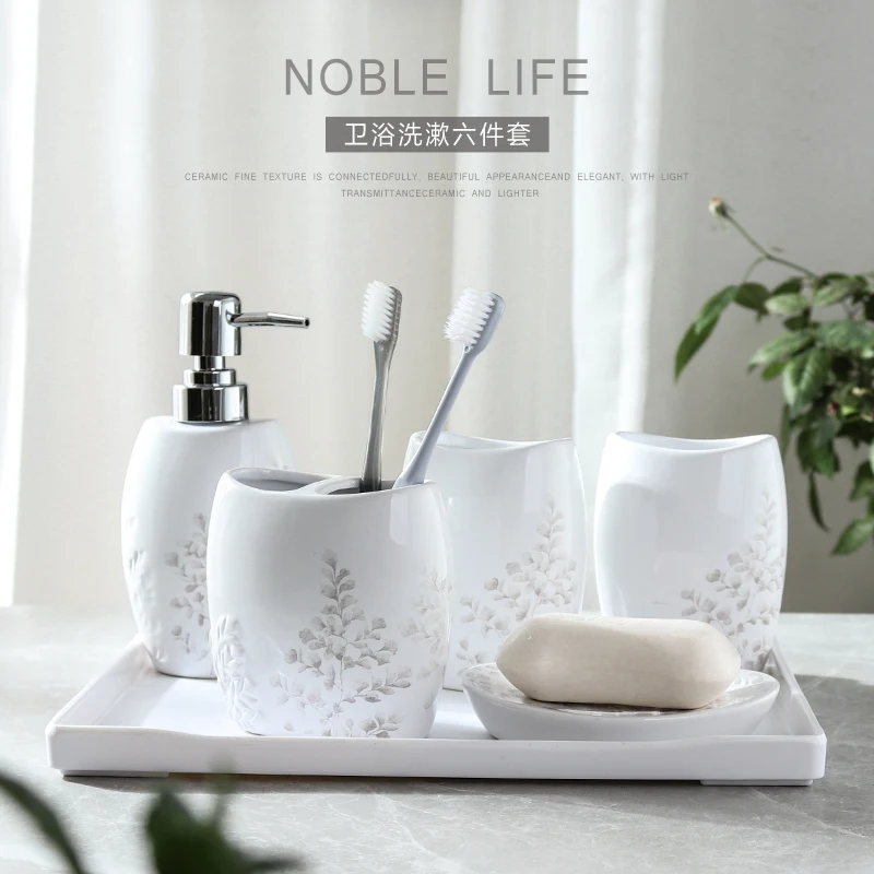 Bathroom Six-piece Set Ceramic Flamingo Wash Cup Brushing Lotion Bottle Tray Supplies Accessories Wedding Gift | Дом и сад