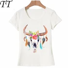 Летняя женская футболка в стиле панк, богемная Акварельная футболка с черепом быка с перьями и цветами, художественные топы для милой девушки, повседневные футболки