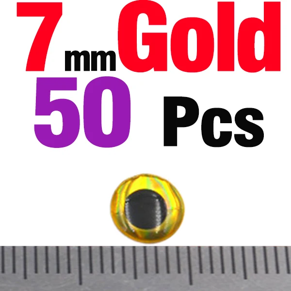 50PCS 7mm Gold MNFT 50 шт./лот, 3 мм, 4 мм, 5 мм, 7 мм, 9 мм, Chartreuse Eyes, 3D голографическая приманка для рыбалки, завязывающая глаза, приманки - Цвет: 50PCS 7mm Gold