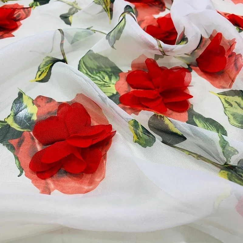 Высокое качество poppy red flower 3D печать Корейская шифоновая ткань 100% pes для шитья