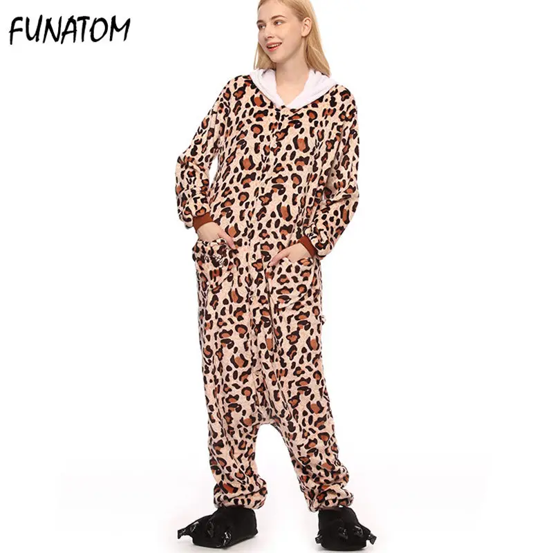 Леопардовый кот кигуруми Onesie для взрослых женщин животных пижамы костюм фланель