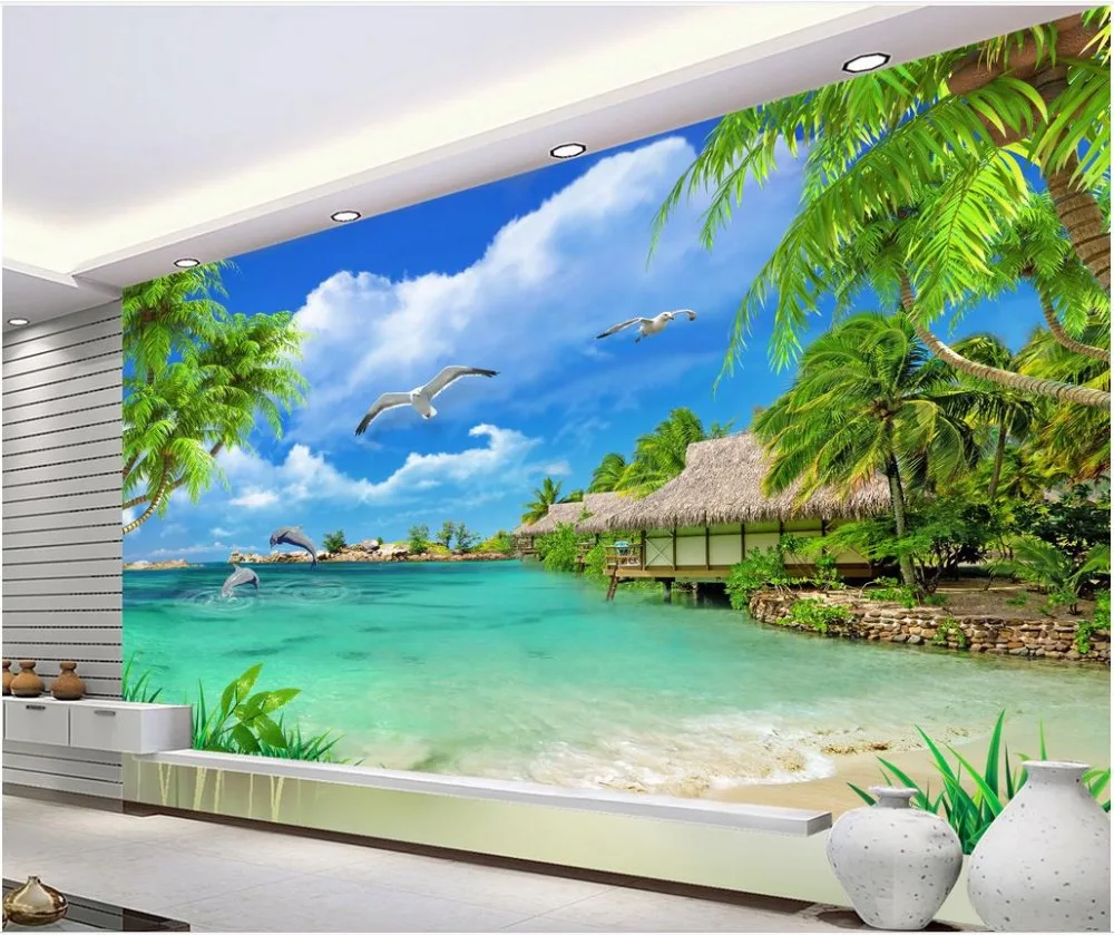 Custom 3d photo Wallpaper murals Mediterranean HD tree seaside landscape mural background wall decorative painting living room |