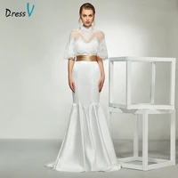 dressv elegant ivory high neck half sleeves appliques wedding dress floor length simple bridal gowns mermaid wedding dresses