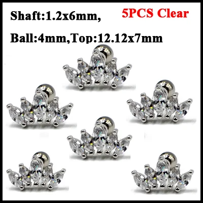 5PCS Clear 5 шт. сталь маркиза Циркон Спиральные серьги Tragus верхняя серьга для верхней части уха Горячий кристалл цветок ушной хрящ Orelha Спиральные серьги 16 г - Окраска металла: 5PCS Clear