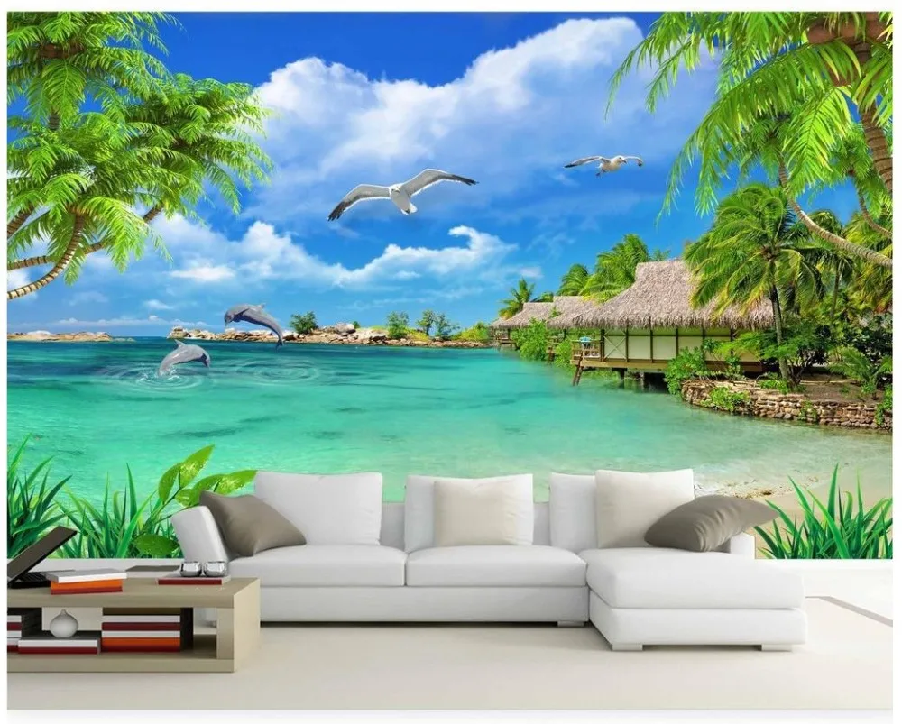 Custom 3d photo Wallpaper murals Mediterranean HD tree seaside landscape mural background wall decorative painting living room |