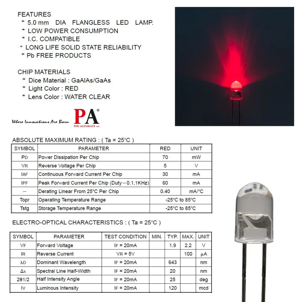 PA LED 100 шт. x красный круглый Топ 5 мм DIP бесфланцевая Светодиодная лампа 120mcd