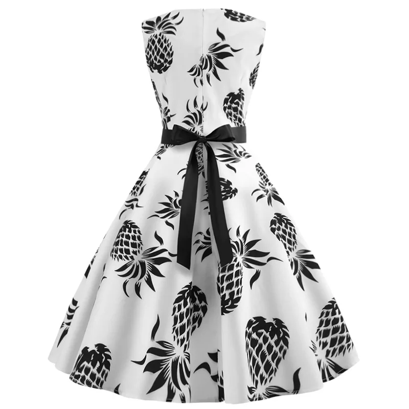 New retro dress temperament round neck sleeveless print black ribbon waist large swing dresses for womans |