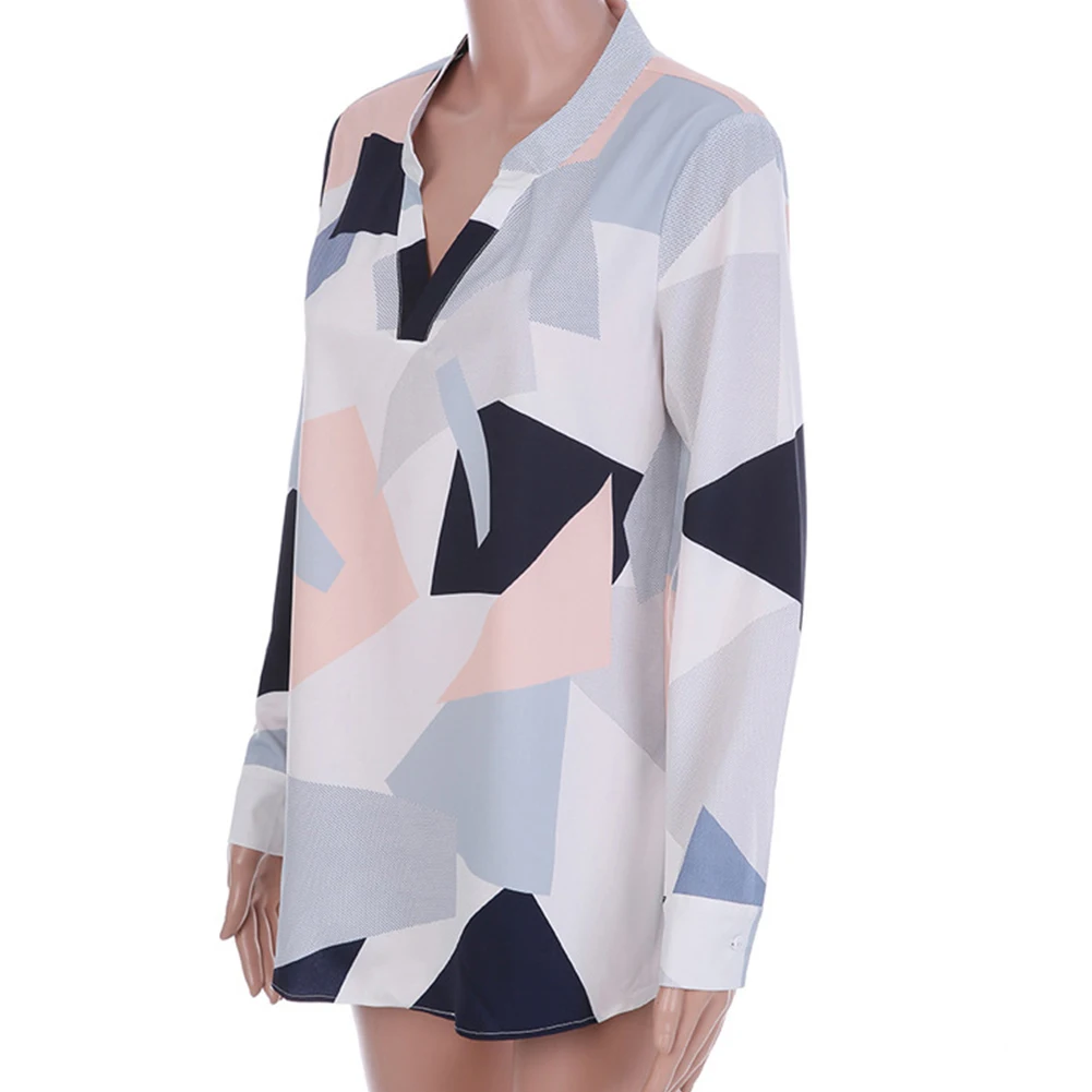 S-3XL Cotton Long Sleeve Casual Blouses 2017 V-Neck Plus Size Women with Geometric |