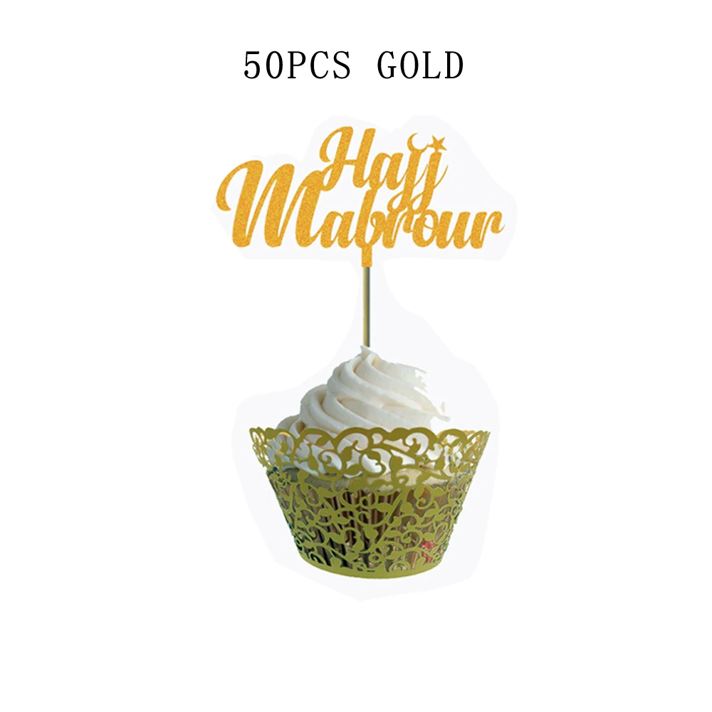 50 шт. блестящая бумага Hajj Mubrour Cupcake Topper черный золотой серебряный mubarak торт