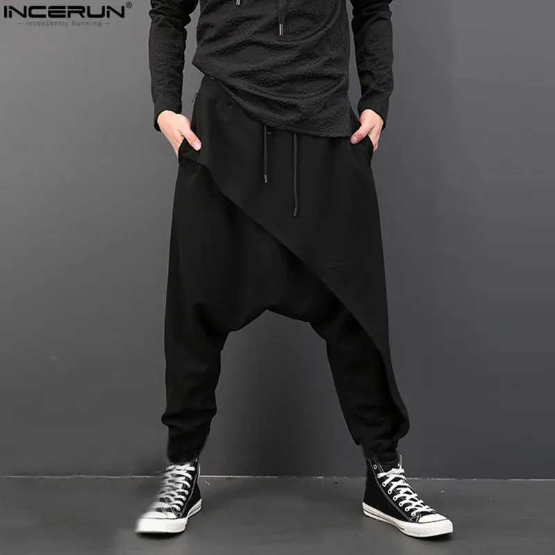 

2023 INCERUN Cool Mens Gothic Punk Style Harem Pant Black Casual Wear Loose Pants DrawString Baggy Dancing Crotch Trousers X-3XL