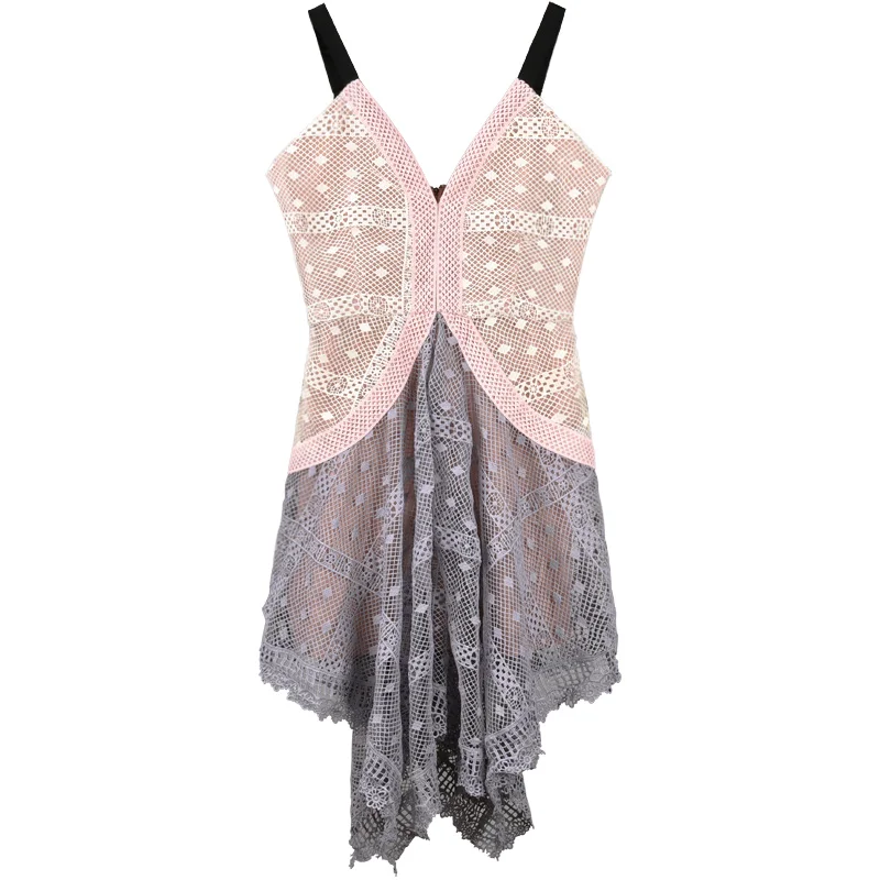 Дизайнерское женское платье 2018 летнее фиолетовое розовое лоскутное с высокой