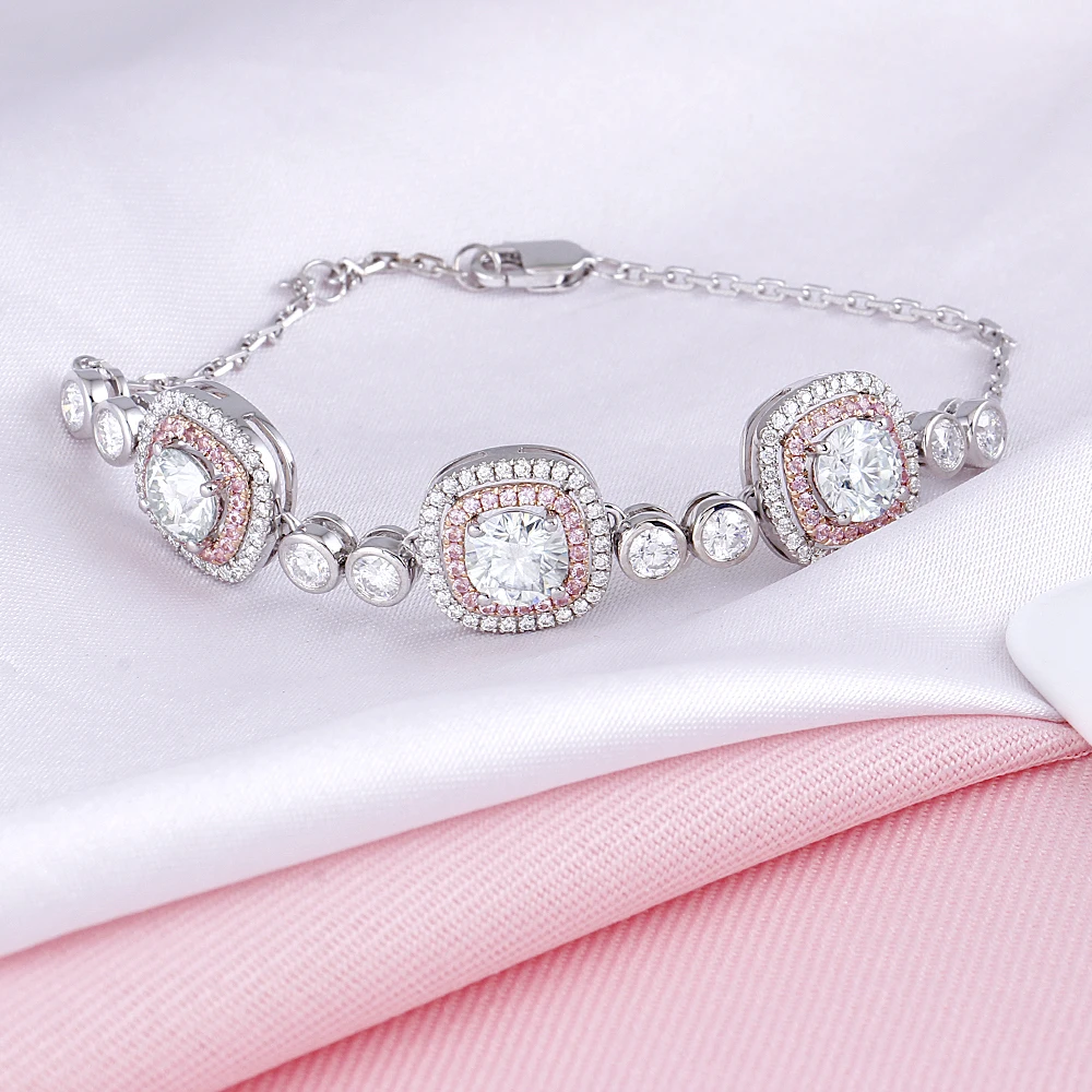 Двухцветный браслет Double Halo 14K 6 мм огранка подушки небольшой голубой Муассанит