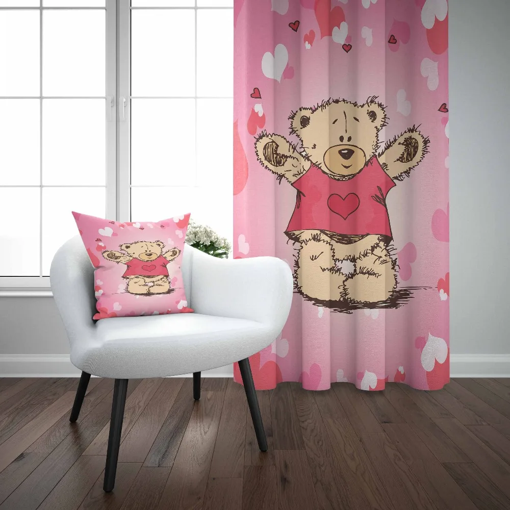 

Else Pink Red White Hearts Sweet Cute Teddy Bear 3d Kids Print Baby Children Window Panel Set Curtain Combine Gift Pillow Case