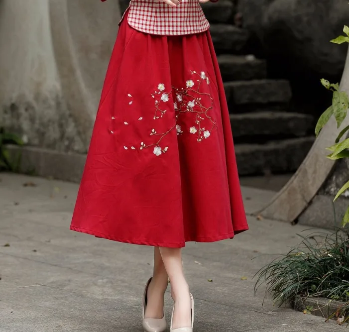 red printing skirt Женский китайский Топ Cheongsam, блузка из хлопка с вышивкой сливы, 7 точек, рукав Tang 4XL размера плюс - Цвет: red printing skirt