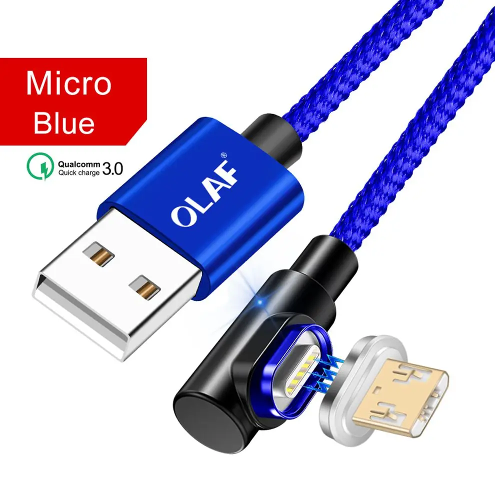 Micro USB Blue Олаф 90 градусов 3а USB Магнитный кабель Micro usb type C кабель для iPhone XR X 7 samsung Xiaomi huawei Быстрый Магнитный кабель для зарядки - Цвет: Micro USB Blue