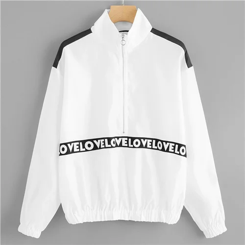 Белый SweatyRocks белая Повседневная куртка на молнии спереди с буквенным принтом верхняя одежда с длинными рукавами и стоячим воротником Новинка года осенние модные женские топы - Цвет: Белый
