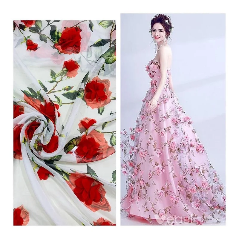 Высокое качество poppy red flower 3D печать Корейская шифоновая ткань 100% pes для шитья