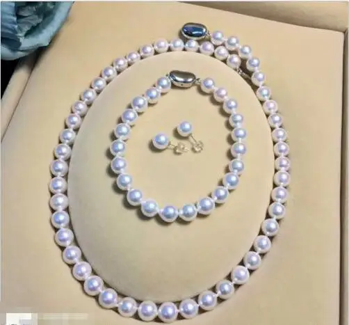 ?? Aaa 9〜10ミリメートルナチュラル南洋ラウンドホワイトパールネックレスブレスレットイヤリング>>>女の子チョーカーネックレスペンダント送料無料