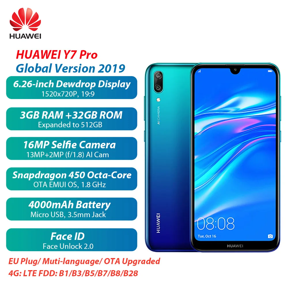 Глобальная версия 2019 HUAWEI Y7 Pro Face ID 6 26 дюймов HD 3 ГБ ОЗУ 32 Гб ПЗУ Восьмиядерный Android 8