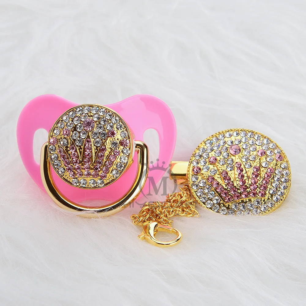 MIYOCAR bling уникальный дизайн Золотая розовая Корона соска и зажим набор BPA бесплатно sgs пройти безопасный для ребенка держатель APCG