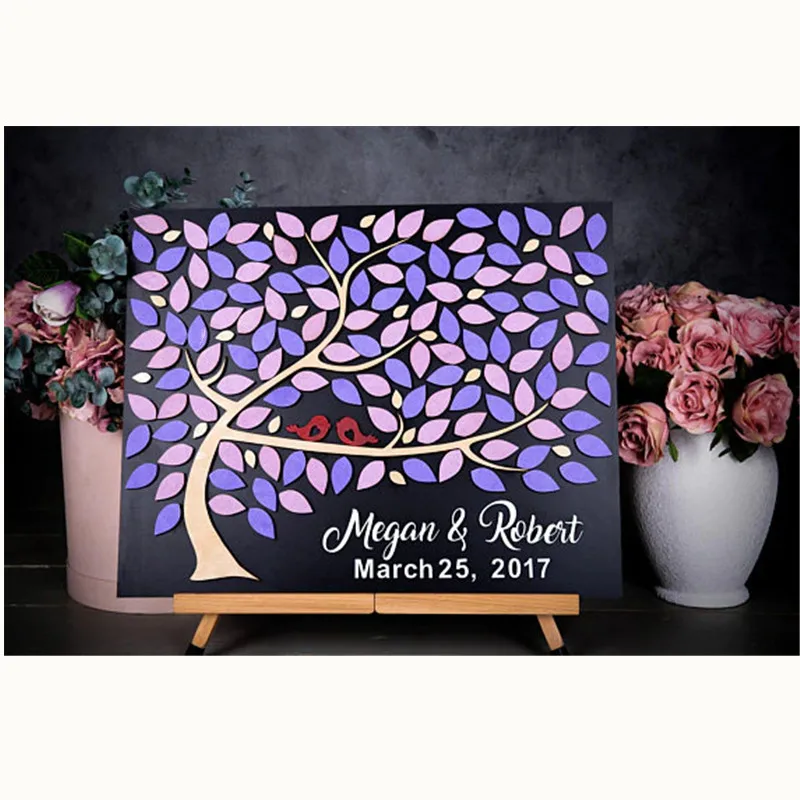 

Personalized Wedding Guest Book Alternatives Purple Pink Leaves,Custom Name Romantic Wedding Signature Sign,Wood Guest Book Gift