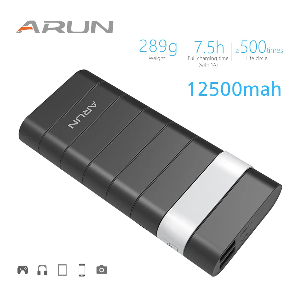 ARUN 12500mah Power Bank External Battery PoverBank 2 USB Powerbank Portable Mobile phone Charger for Xiaomi MI iphone XS huawei | Мобильные